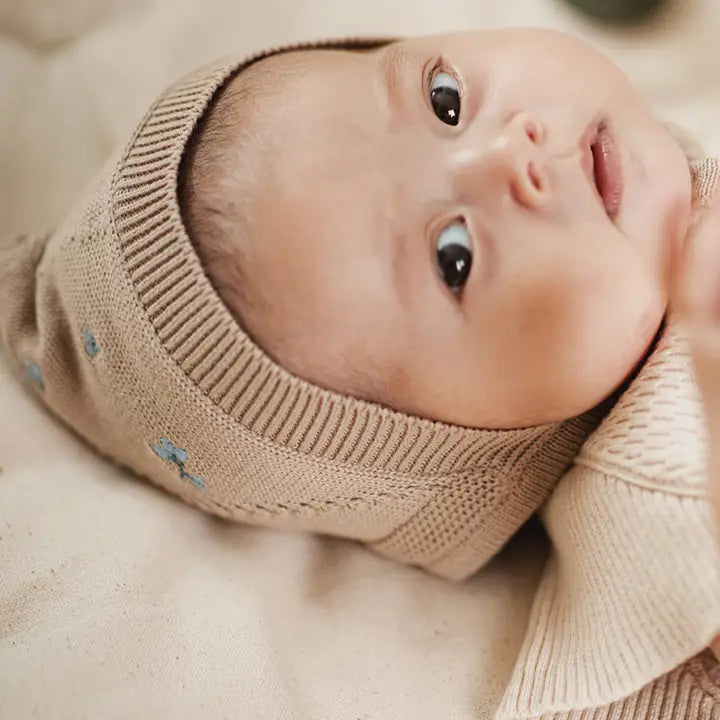 Knitted Bonnet - Khaki & Embroidery