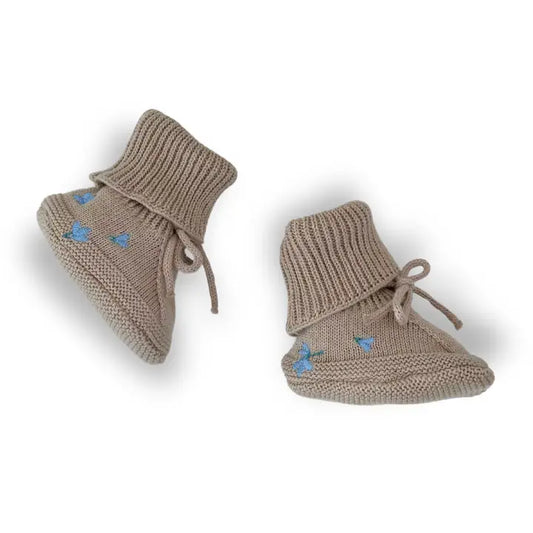 Knitted Booties - Khaki & Embroidery