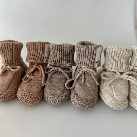 Knitted Booties - Khaki & Embroidery