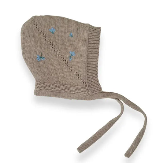 Knitted Bonnet - Khaki & Embroidery